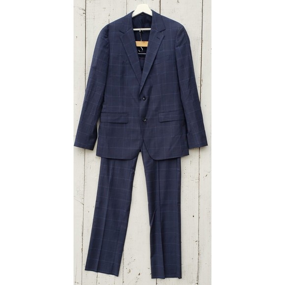 Bonobos Navy Blue Windowpane Wool Suit Men's Blazer Jacket 40R / 33 Pants Slim
